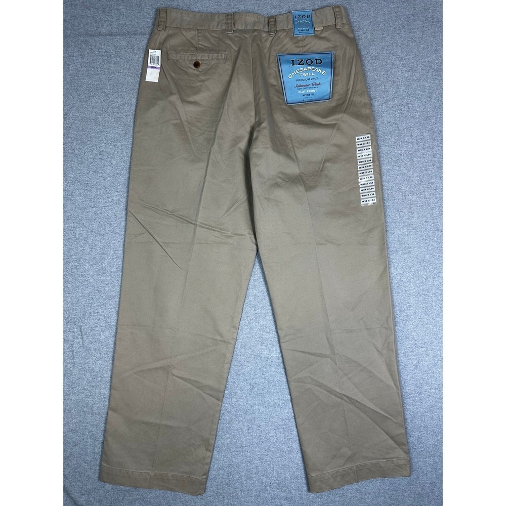 IZOD Chesapeake Twill Pant 38x34 Khaki Tan Flat Front Saltwater Wash Metrix Fit